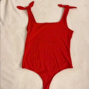 Red Cotton Bodysuit with Bow Straps